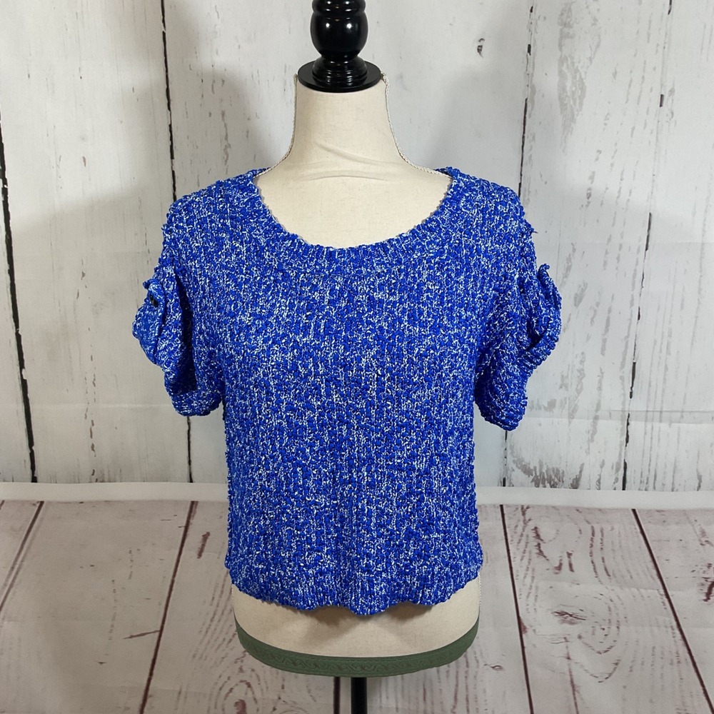 Milly New York Sweater Top S Blue Textured Popcorn Knit Button Tab Short Sleeve